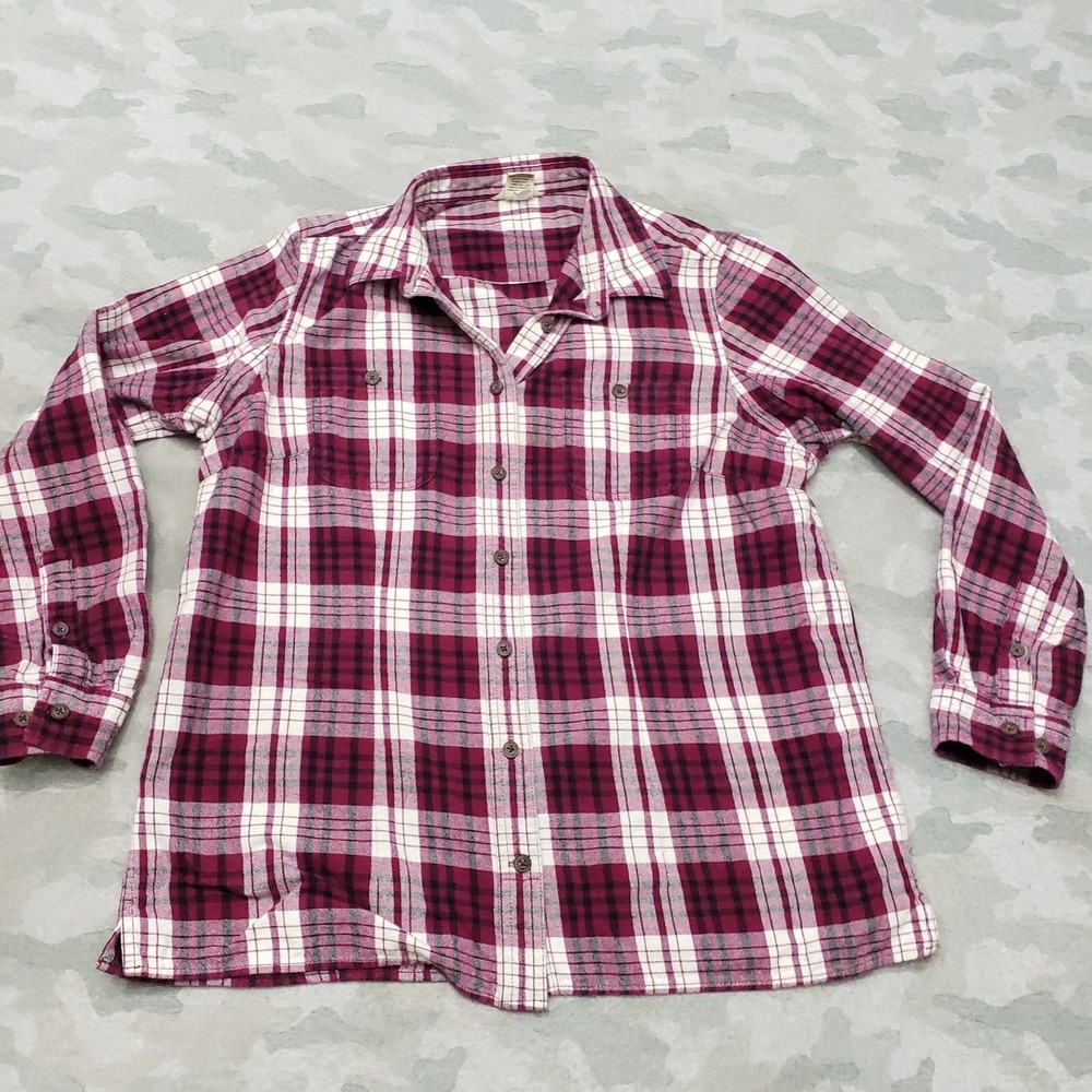 Duluth Trading Co Top Womens Large Purple Plaid Flannel Long Sleeve Button Up